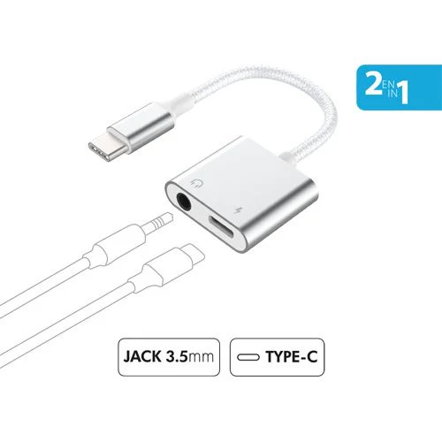 Adaptador USB-C / Jack 3.5mm Force Power Lite - 100W - Branco / Prateado