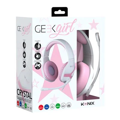 Auscultadores Gaming Konix Geek Girl Crystal (PS4/PS5/Xbox One/Switch/PC) - Branco / rosa