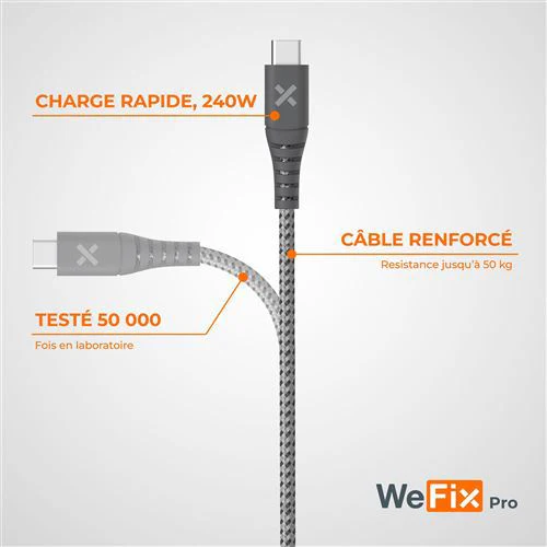 Cabo WeFix Pro USB-C 1m - Cinzento - Image 3
