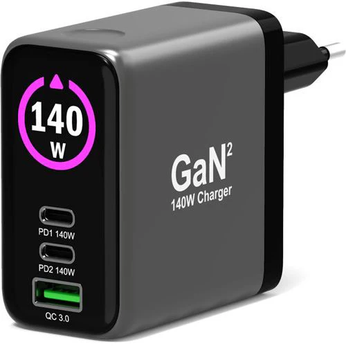 Carregador GaN²  com Ecrã OLED+ Cabo USB-C Port Designs Connect 140W - Preto