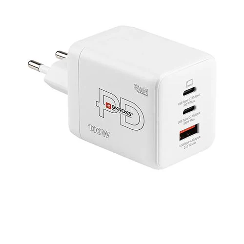 Carregador GaN Skross® USB + 2x USB-C 100W - Branco