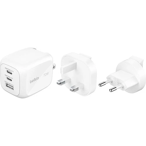 Carregador GaN USB+ 2x USB-C Belkin BoostCharge Pro 100W + Adaptadores Tomada UK+EU+US- Branco