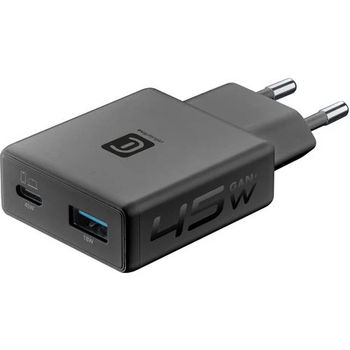 Carregador GaN+ USB+USB-C Cellularline Slim 45W - Preto