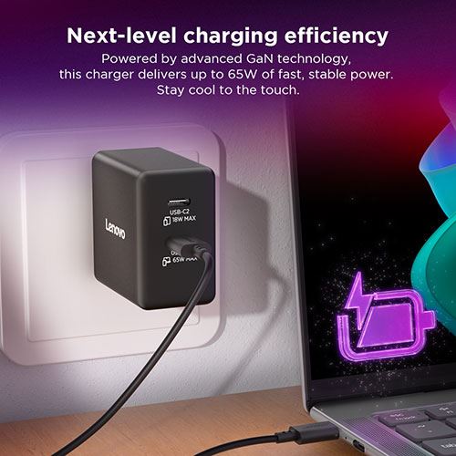 Carregador Lenovo Dual USB-C GaN - 65W - Preto - Image 4