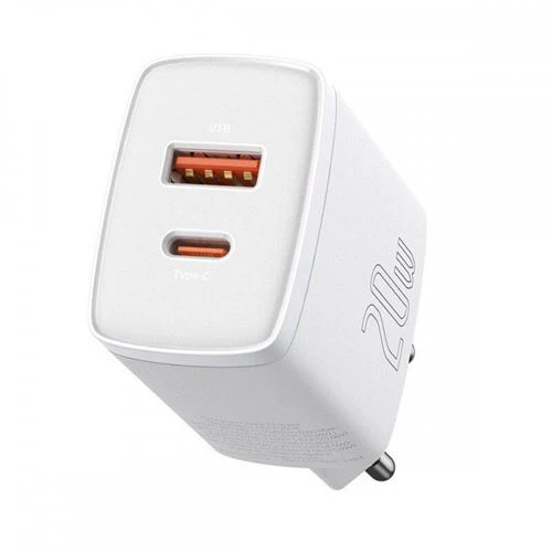Carregador Rápido USB+USB-C com Power Delivery Baseus 20W - Branco