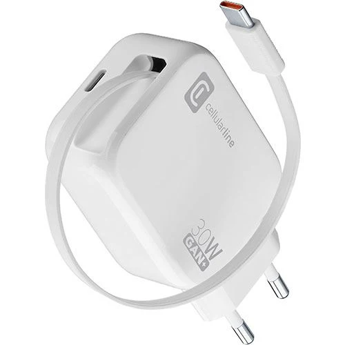 Carregador USB-C com Cabo Retrátil Cellularline - 30W - Branco