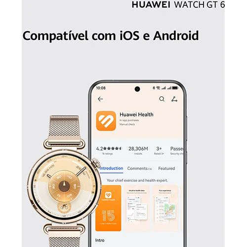 Huawei Watch GT6 - 41mm - Dourado | Bracelete Pele Sintética Branca - Image 8