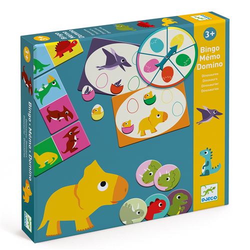 Jogo de Tabuleiro Dominó, Bingo e Memória - Dinossauros - Djeco Toys