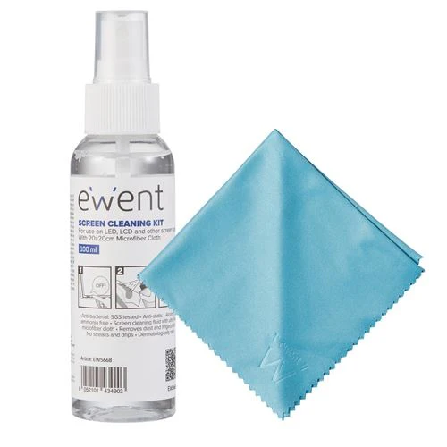 Kit Limpeza de Ecrãs Ewent EW5668 100ml + Pano de Microfibras 20x20cm