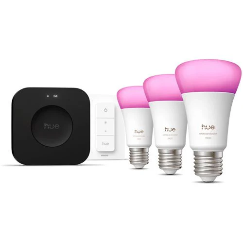 Kit Philips Hue Starter Kit 3 Lâmpadas Smart E27 + Hue Dimmer Switch + Hue Bridge Pro
