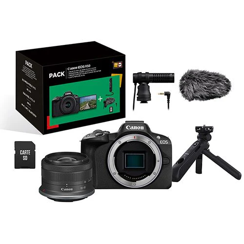 Pack Fotográfica Canon Mirrorless EOS R50 + RF-S 18-45 IS STM + Microfone Stereo + Tripé + Cartão de Memória 32 GB - Preto