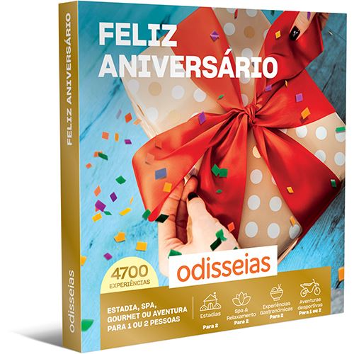 Pack Presente Odisseias - Feliz Aniversário | Experiência de alojamento, SPA, gourmet ou aventura | 1 ou 2 pessoas