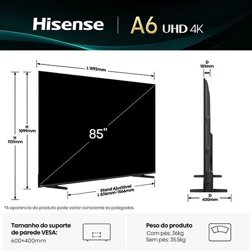 Smart TV Hisense 85" LED UHD 4K 85A6Q - 216cm - Image 2
